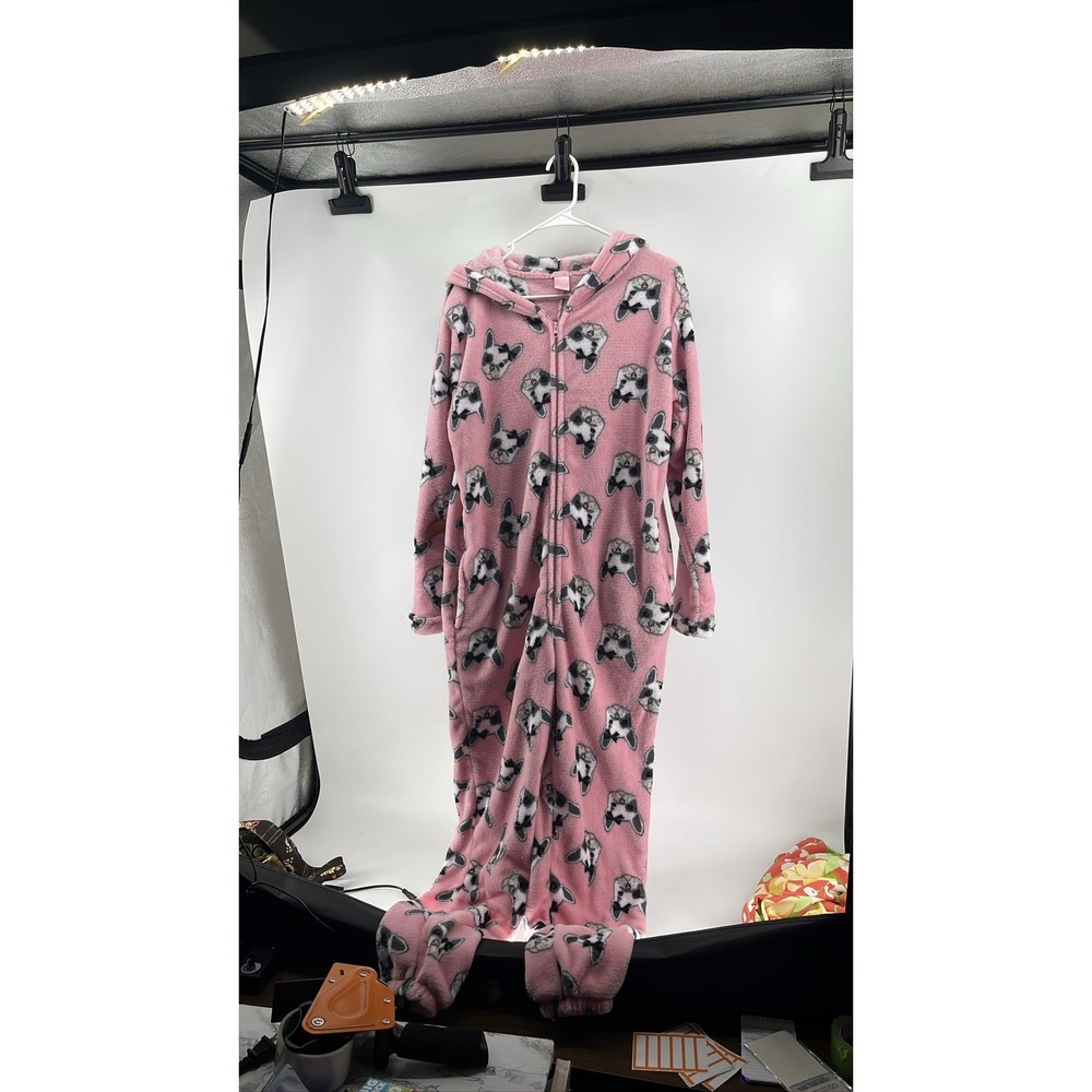 True Womens Pink French Bulldog Fleece Hooded Union Suit Jumpsuit Size Medium